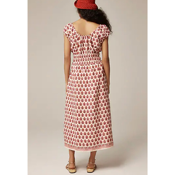 J.Crew Cap-sleeve midi dress in block print linen blend in warm sesame red NWT - Picture 2 of 5